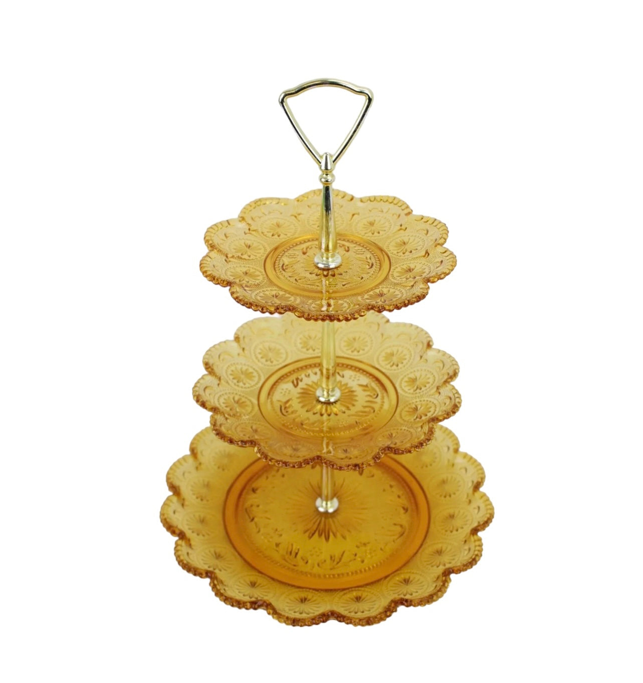 Amber Glass 3-Tier Tid Bits Cake Stand Rockhampton Vintage Hire