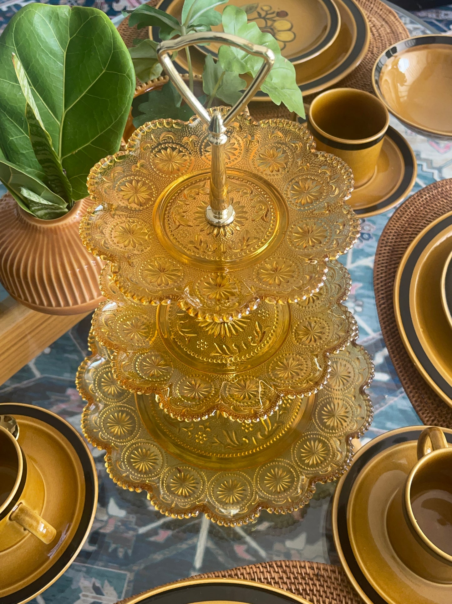 Amber Glass 3-Tier Tid Bits Cake Stand Rockhampton Vintage Hire