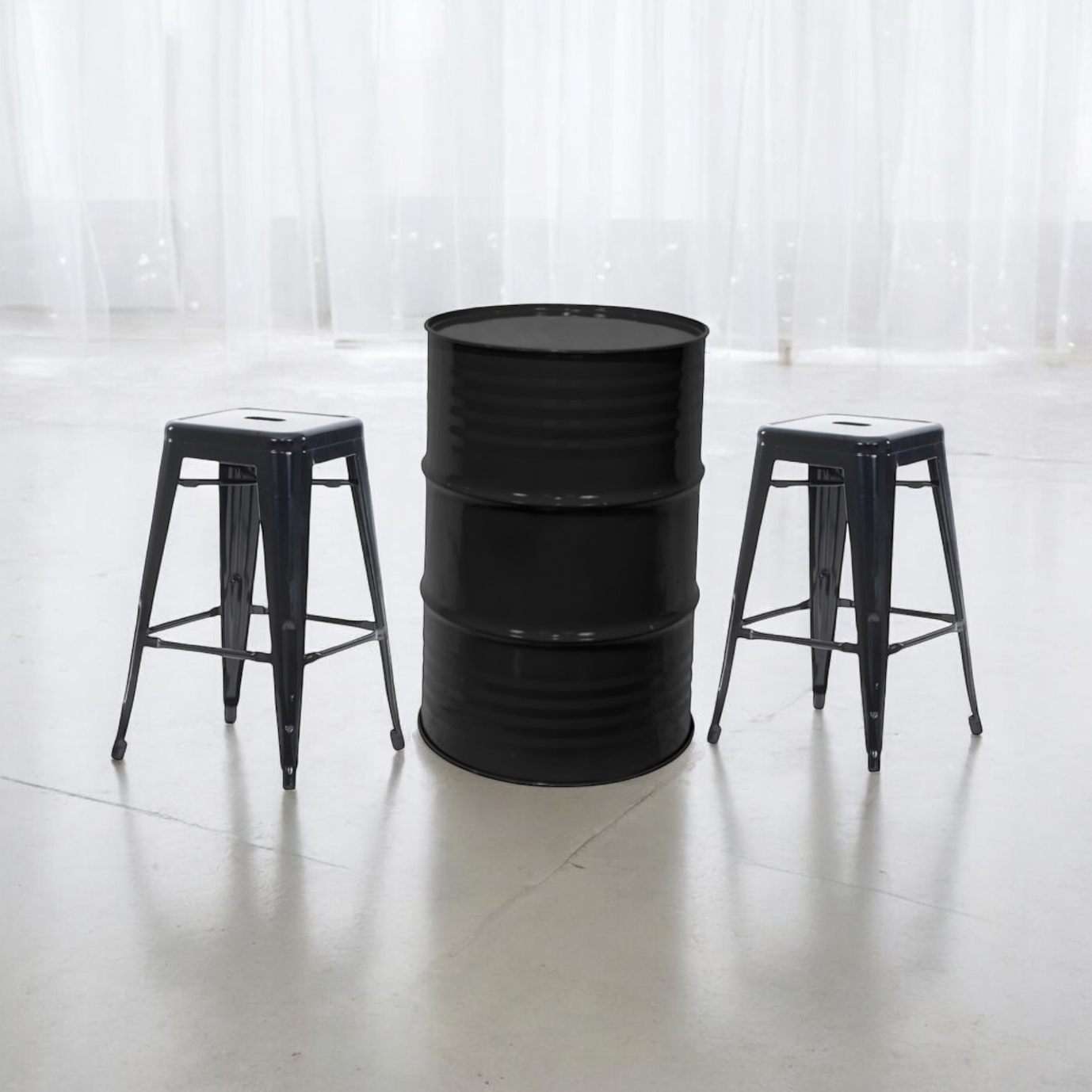 RVH Gallon Drums & Stools Black Rockhampton Vintage Hire... Wedding & event hire