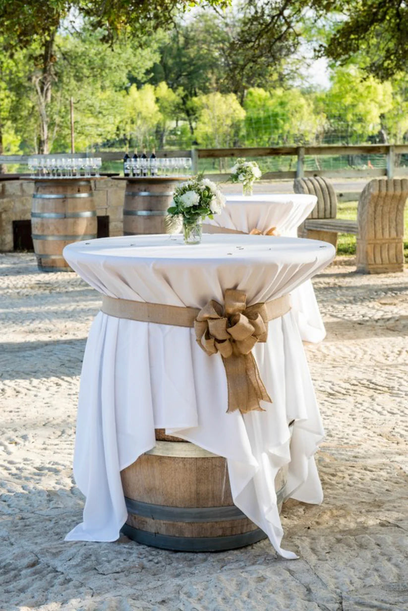 Wine Barrel With Top, Tablecloths and burlap sash Rockhampton Vintage Hire