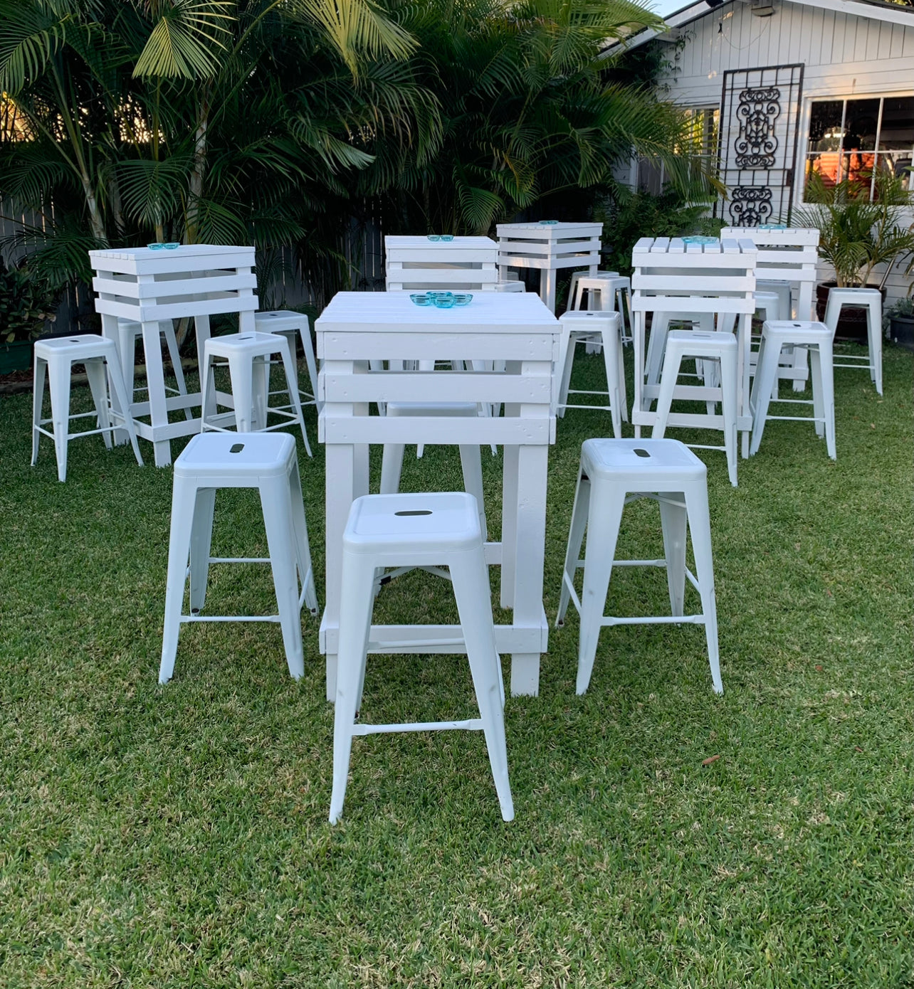 Dry Bar Pallet Tables + Stools 30-Piece Package Rockhampton Vintage Hire Weddings Rockhampton