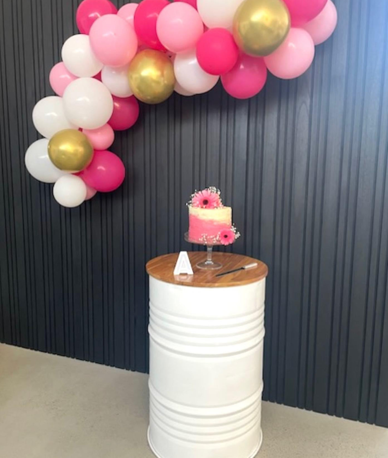 RVH Gallon Drum Cake Display Table + Top Rockhampton Vintage Hire. Birthday, Party, Event Hire