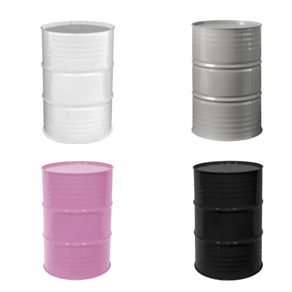 Gallon Drums for hire white, pink, black, silver oil drum Rockhampton Vintage Hire