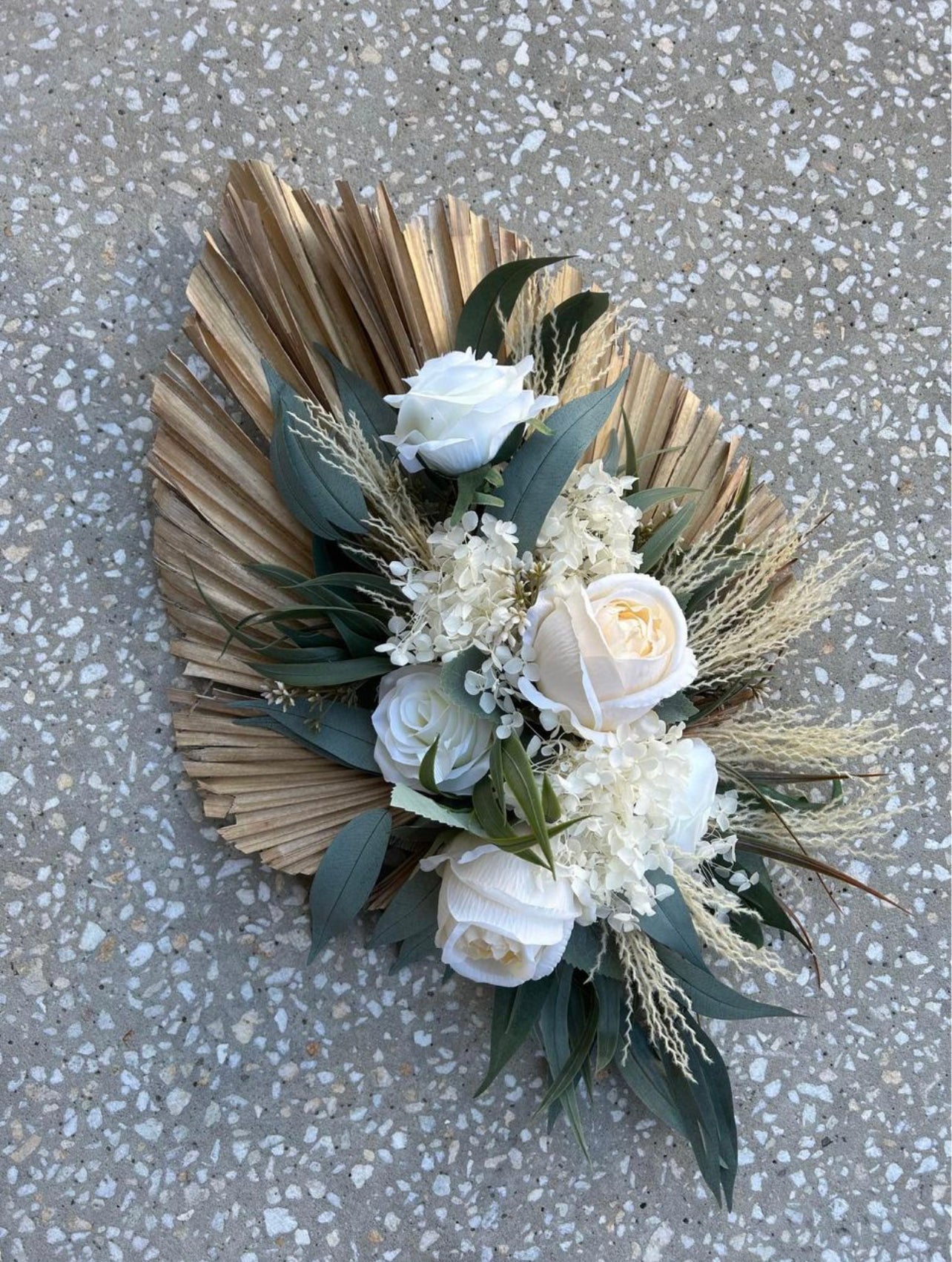 DIY Hire Rockhampton 2pc Set - Artificial Wedding Arch Swag Set - Dried Palm/Gum Leaf/White Roses Rockhampton Vintage Hire