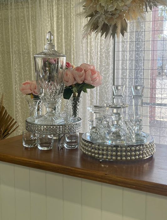 Vintage Glass and Crystal candlesticks large collection to choose from.  DIY Hire Rockhampton Vintage Hire