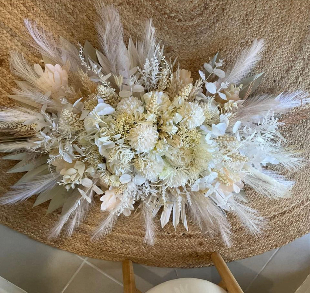 Flower arrangement for weddings and events, can be used on an arbor or welcome sign. Hand made from artificial and dried flowers Rockhampton Vintage Hire