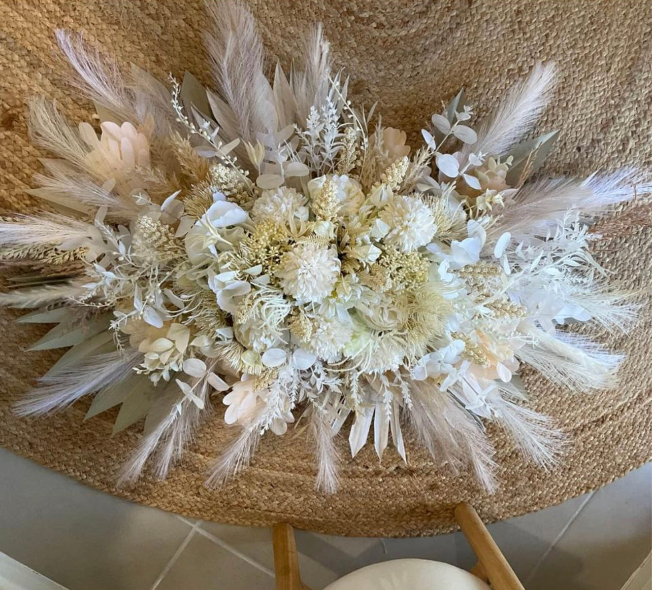 Flower arrangement for weddings and events, can be used on an arbor or welcome sign. Hand made from artificial and dried flowers Rockhampton Vintage Hire