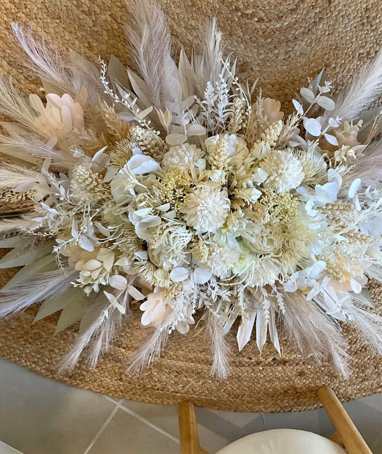 Flower arrangement for weddings and events, can be used on an arbor or welcome sign. Hand made from artificial and dried flowers Rockhampton Vintage Hire