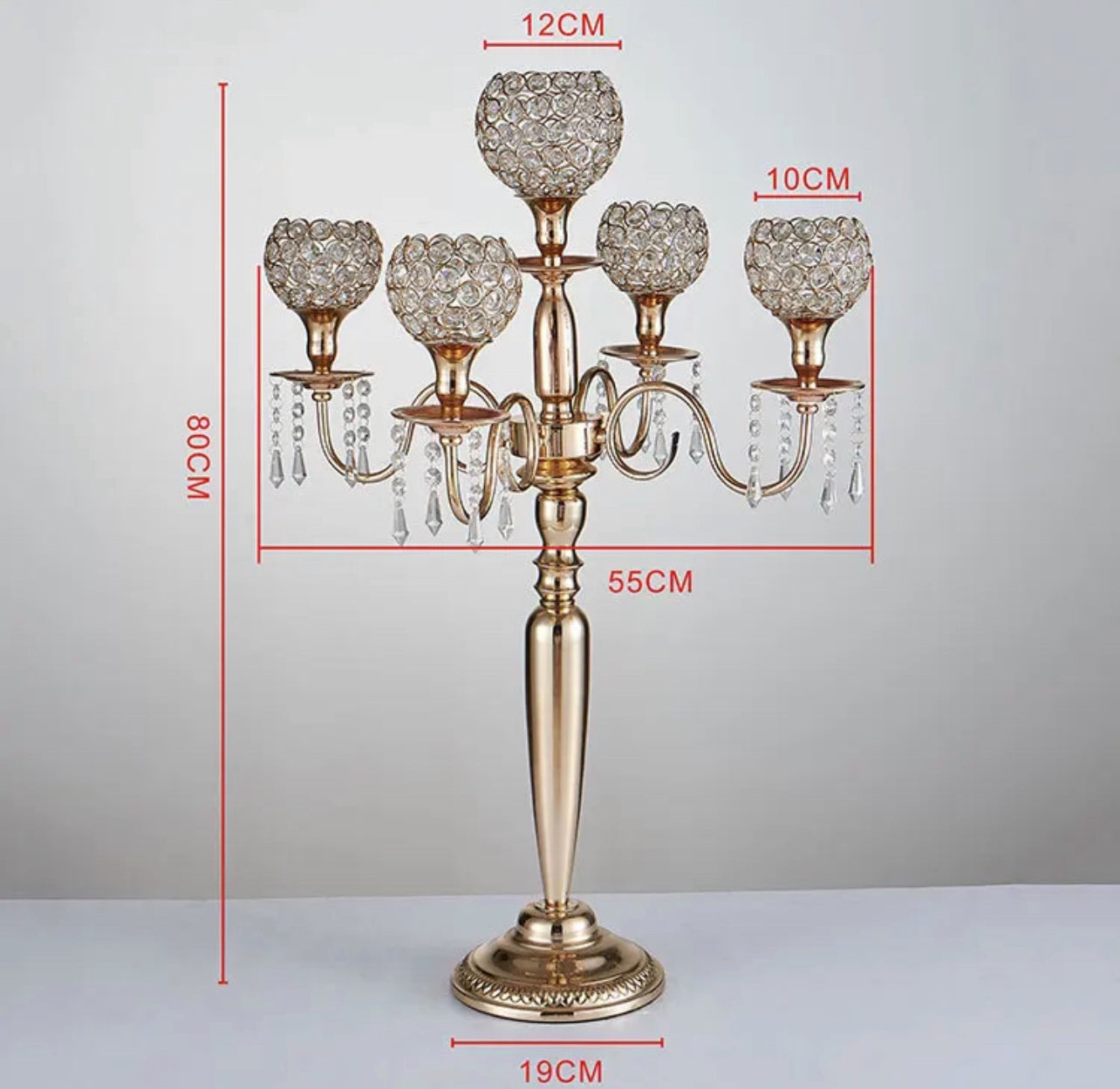 Candelabras - Gold 5 Arm Crystal Ball Style 90cm tall x6 Available Wedding & Event Hire Rockhampton Vintage Hire