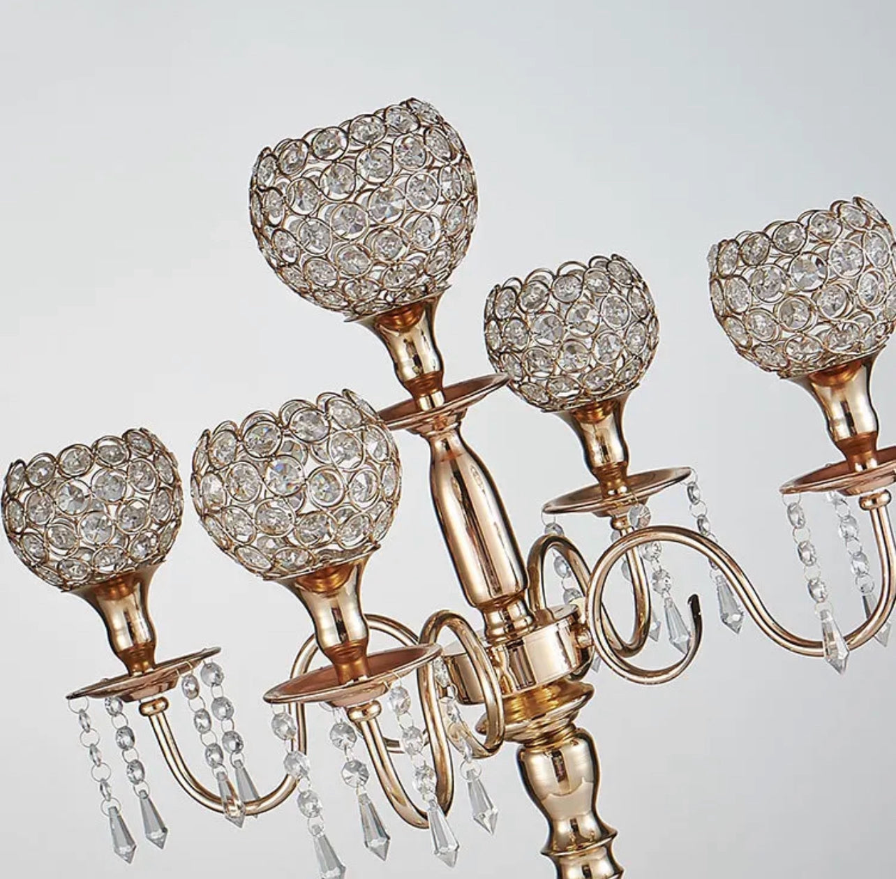 Candelabras - Gold 5 Arm Crystal Ball Style 90cm tall x6 Available Wedding & Event Hire Rockhampton Vintage Hire