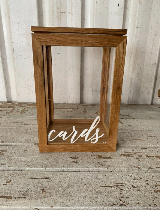 Timber and glass rectangle box wishing well with "cards" signage makes a stunning addition to your gift table. Wedding & Events Rockhampton Vintage Hire