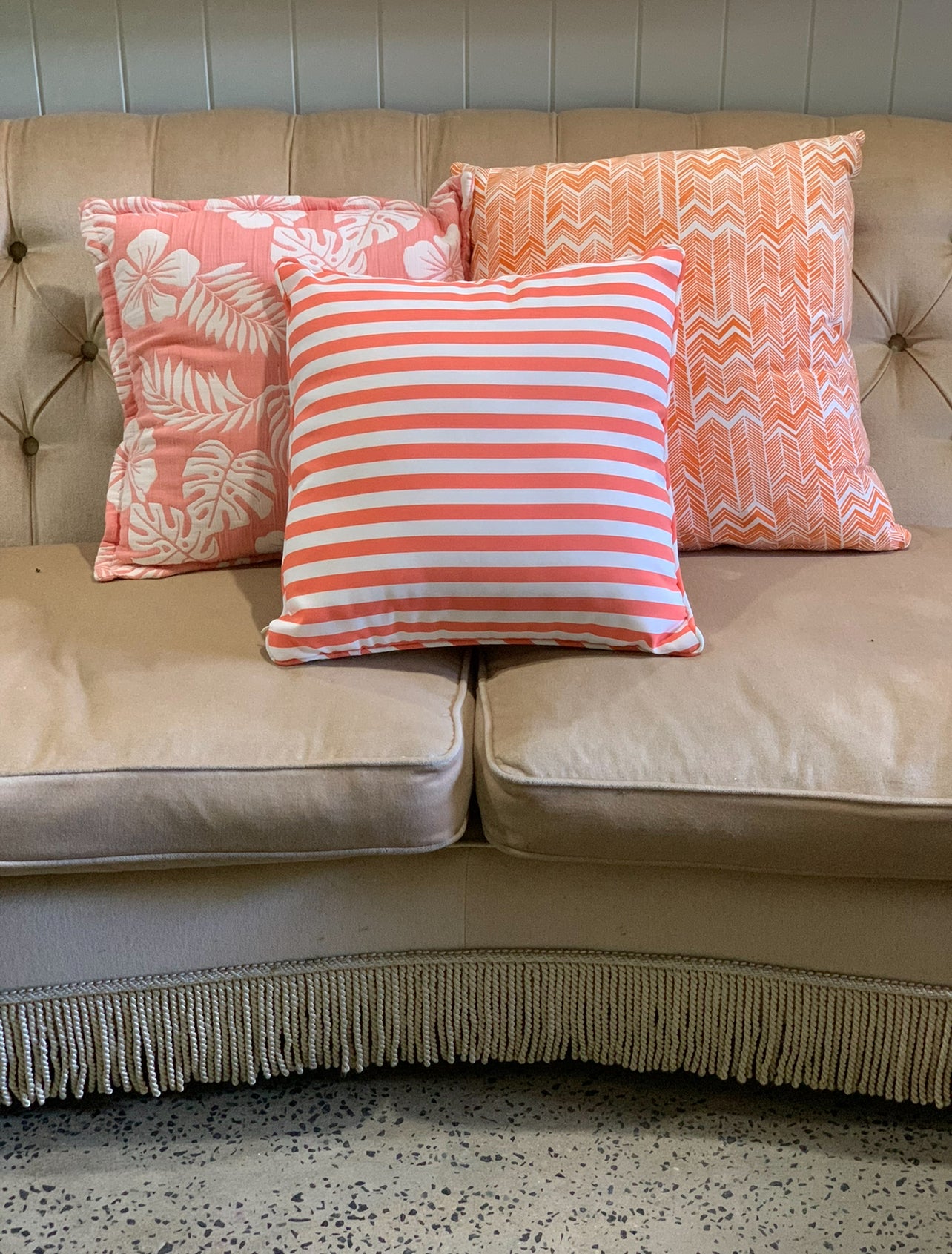 Standard Square Cushions - Orange Prints x 3 Rockhampton Vintage Hire