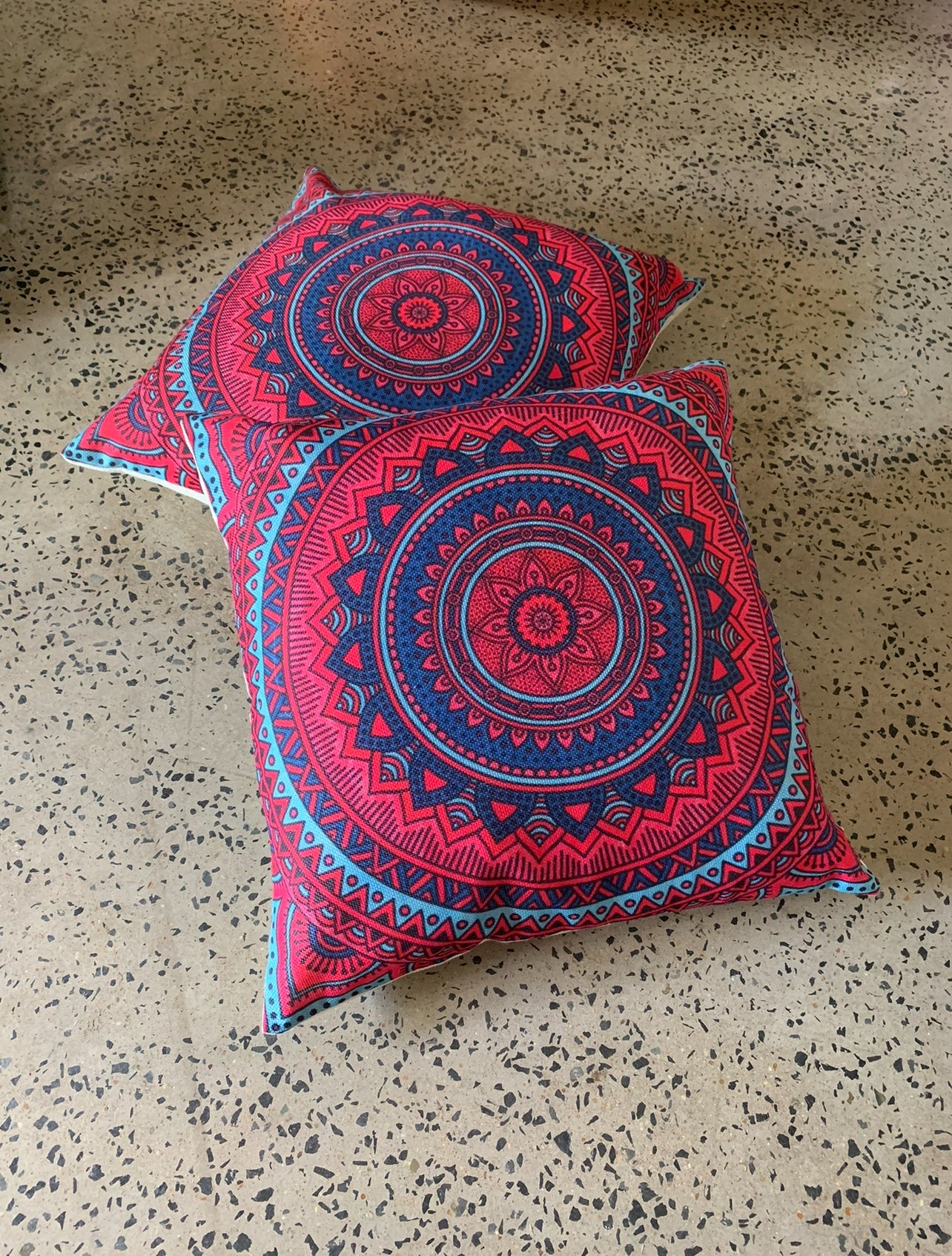 Standard Square Cushions - Red Blue x2 Bundle Rockhampton Vintage Hire