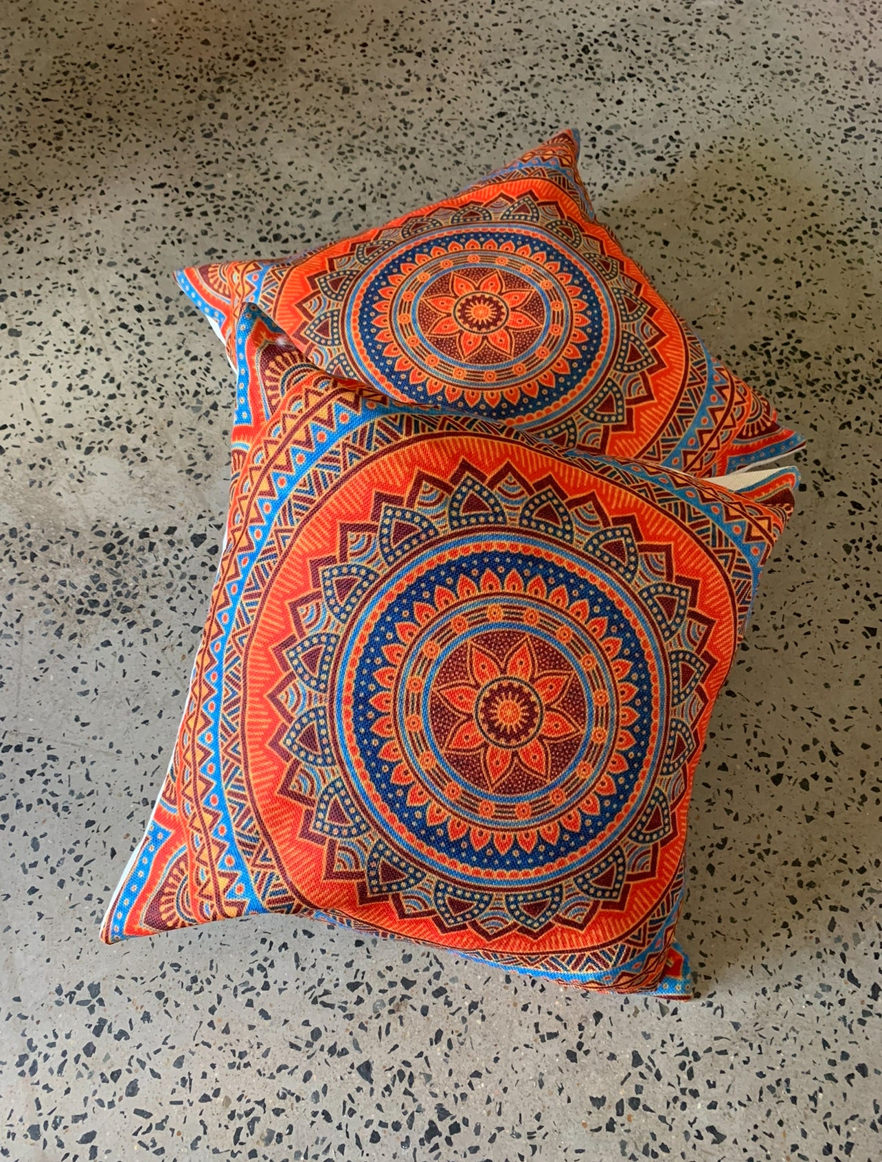 Standard Square Cushions Orange & Blue x2 Bundle Rockhampton Vintage Hire