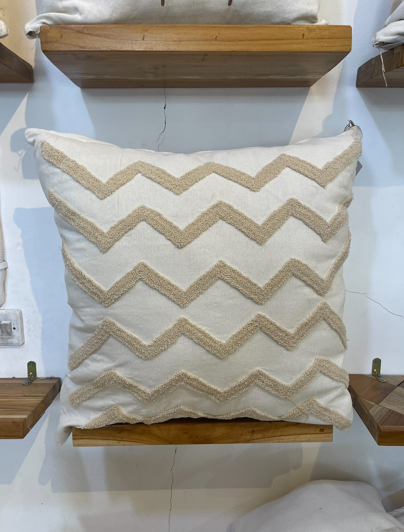 Large Square Cushions - Cream Beige Tufted Zig Zag Pattern x 2 Bundle Rockhampton Vintage Hire