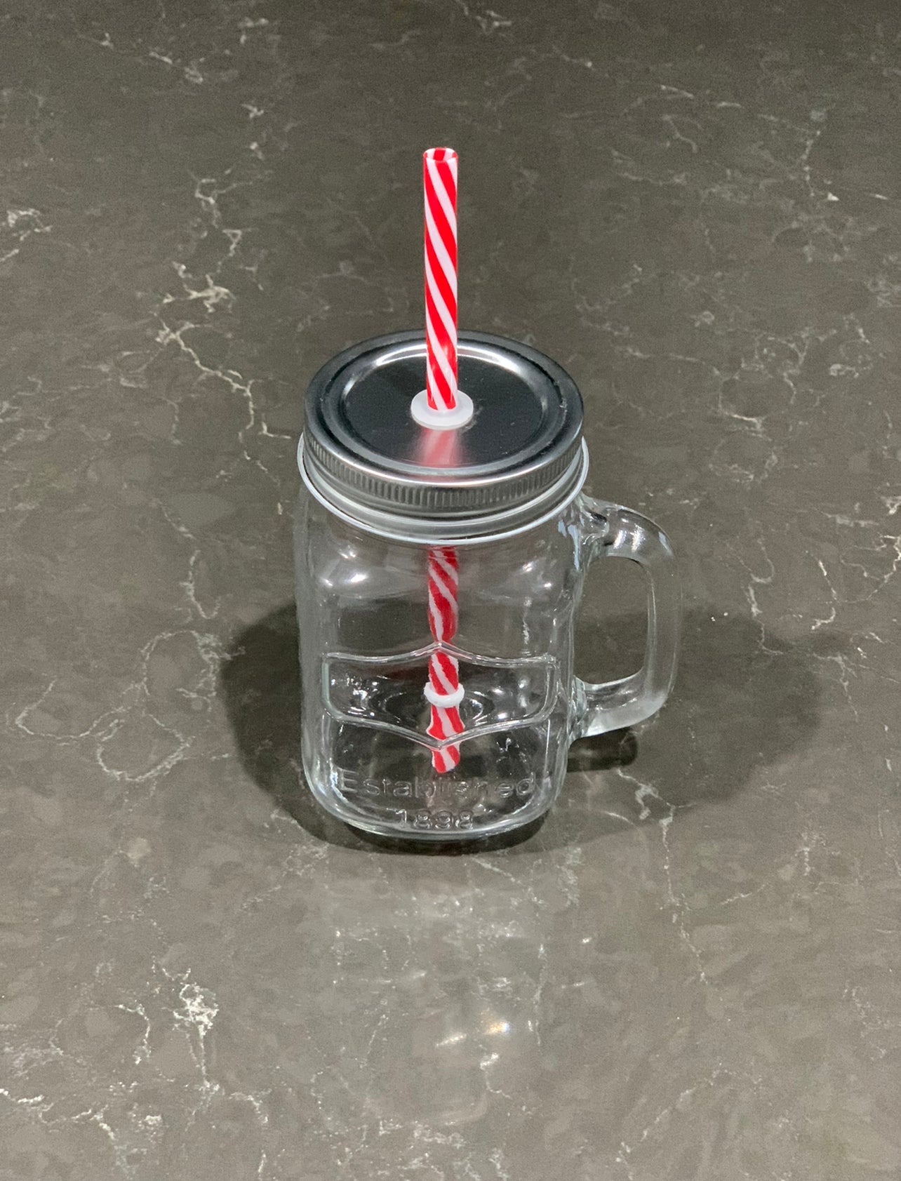 Glass Mason Drinking Jars with handle, metal screw on lid with red & white Straws Rockhampton Vintage Hire