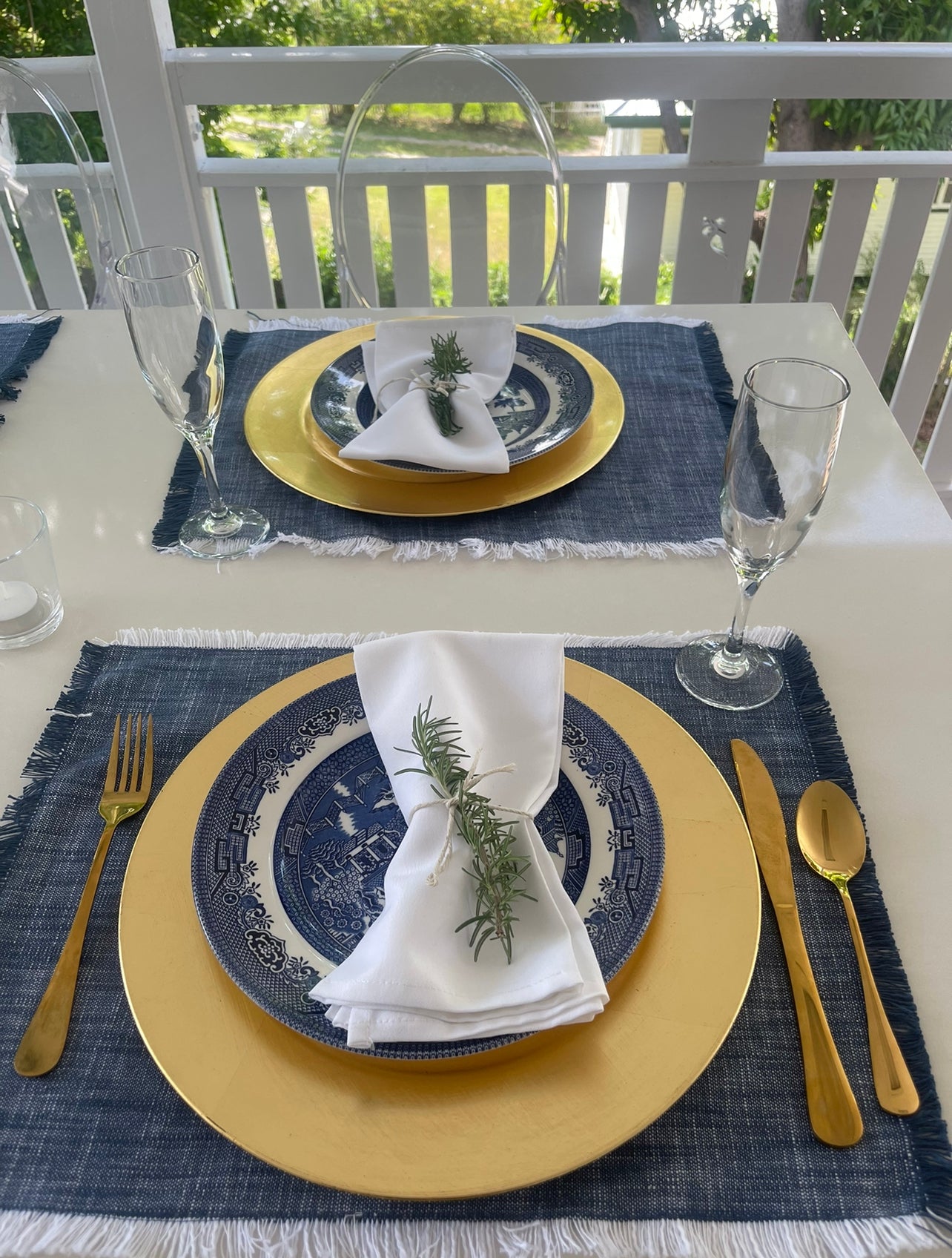 Navy blue and white fringed cloth placemats Rockhampton Vintage Hire