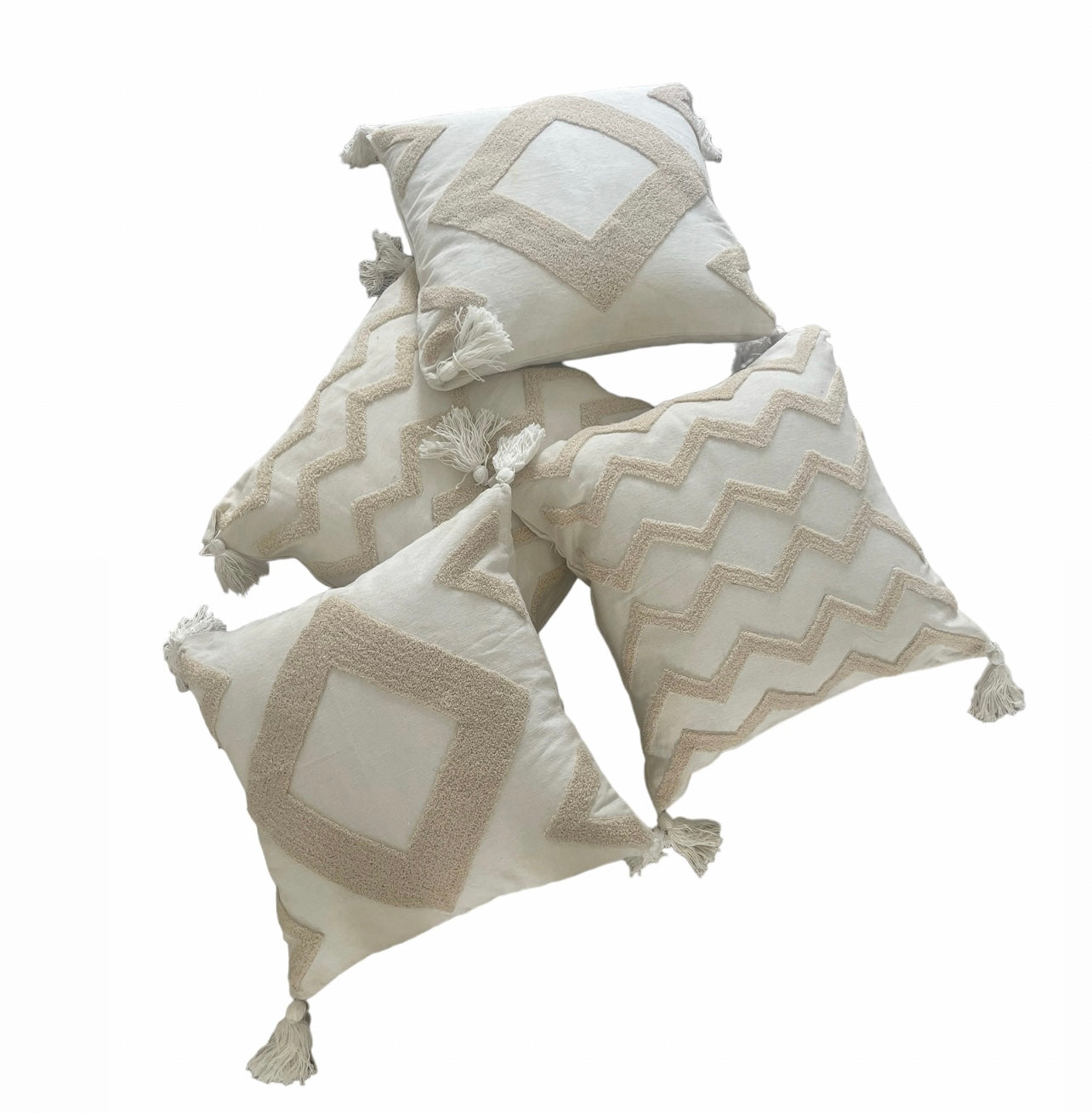 Standard Square Cushions - mixed Cream Beige Tufted Tassels Rockhampton Vintage Hire