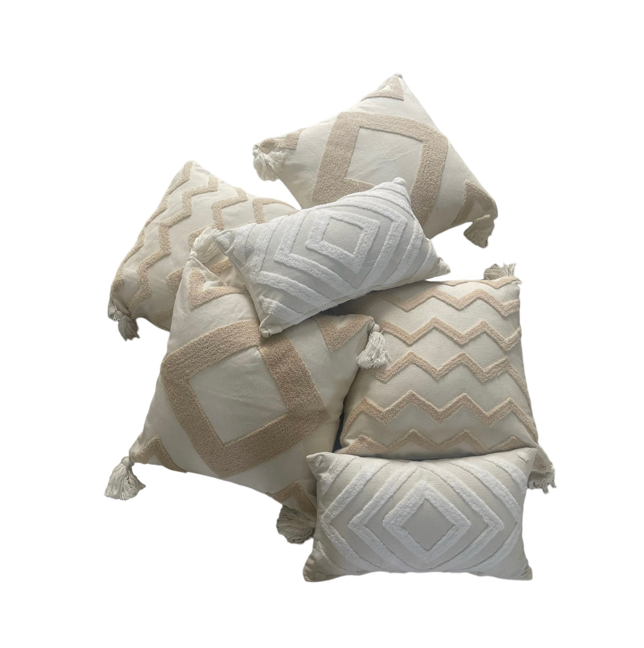 Oblong Cushions - White Tufted Zig Zag x2 Bundle Rockhampton Vintage Hire