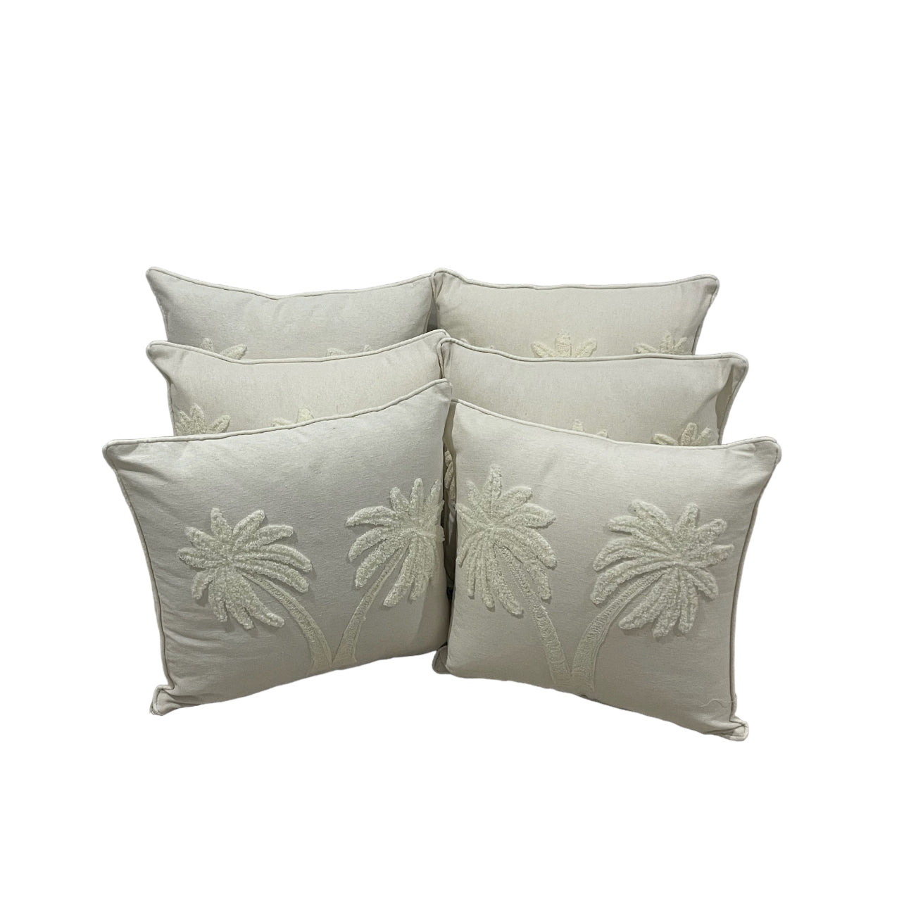 Standard Square Cushions - White Tufted Palm Tree Designs x 6 Bundle Rockhampton Vintage Hire