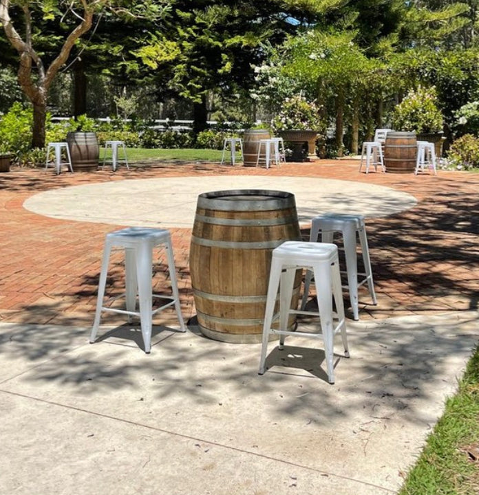 Wine Barrel Dry Bar + Stool Package Rockhampton Vintage Hire Weddings Rockhampton