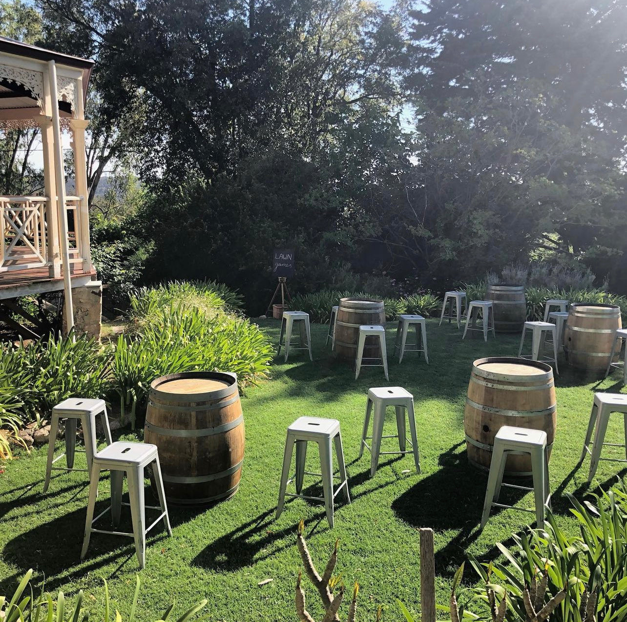 Wine Barrel Dry Bar + Stool Package Rockhampton Vintage Hire Weddings Rockhampton