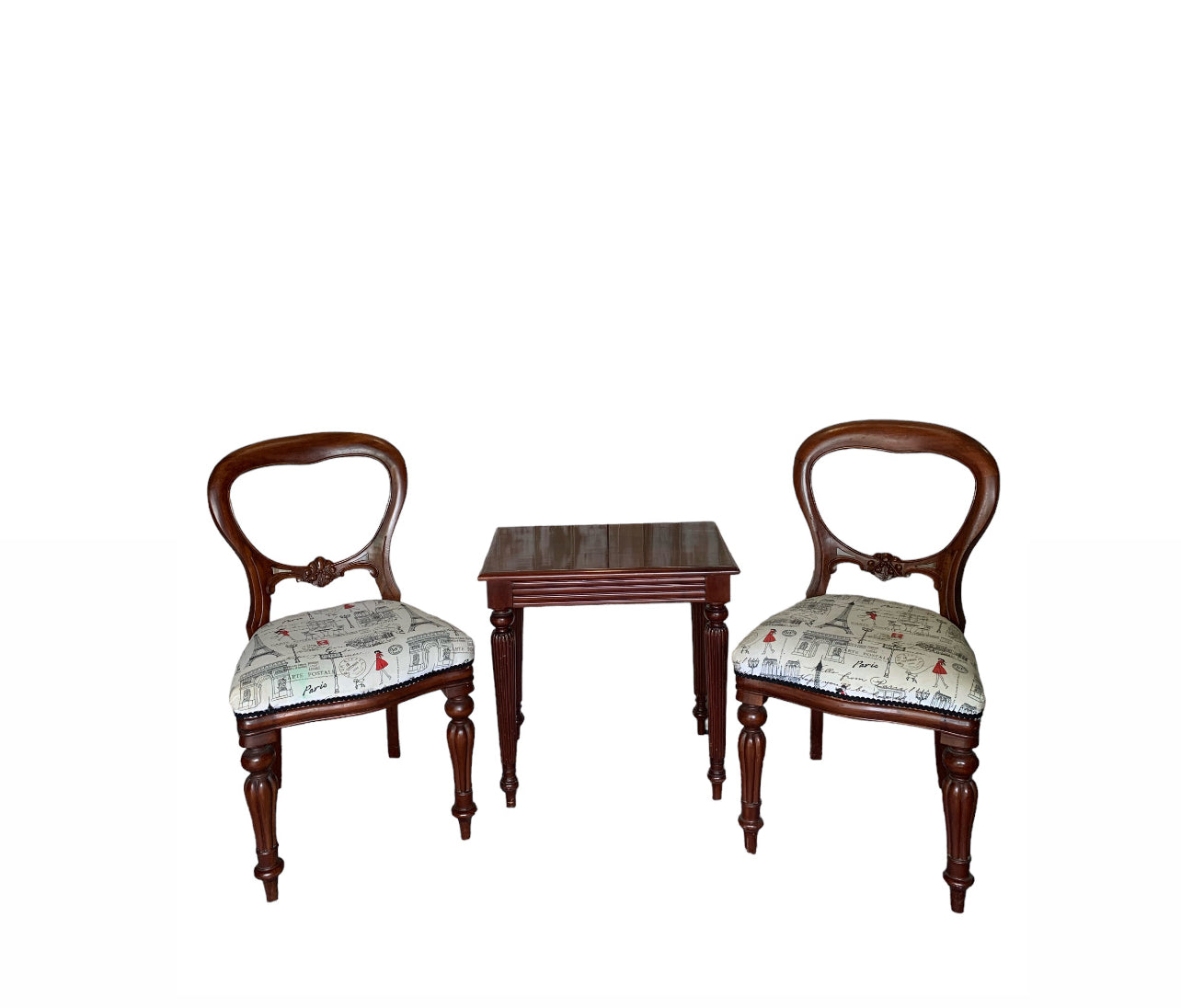 Vintage chairs with Paris printed fabric plus table Rockhampton Vintage Hire