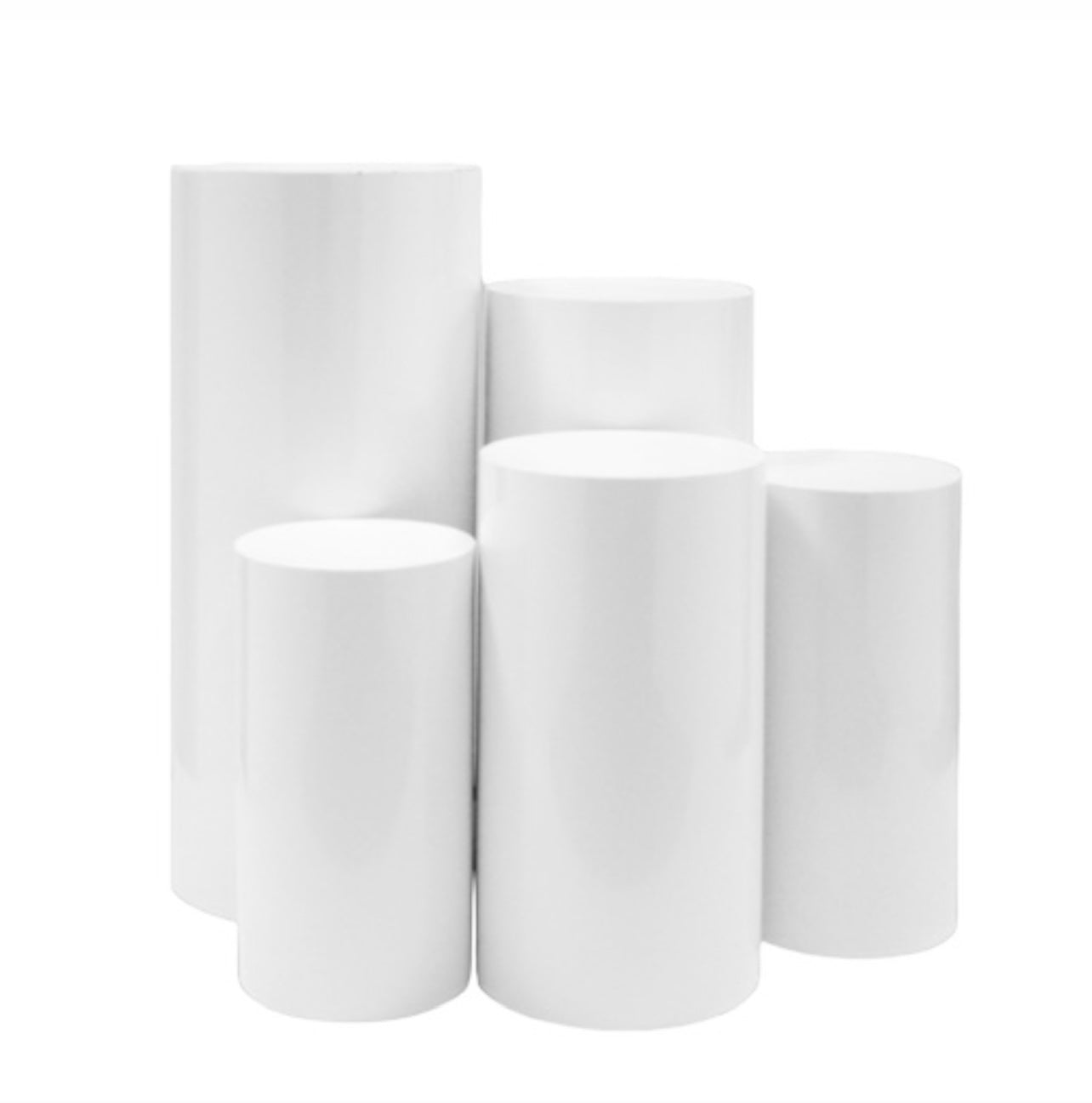 Plinths set of 5 - Round White Pedestals for hire wedding & events - Rockhampton Vintage Hire Weddings Rockhampton