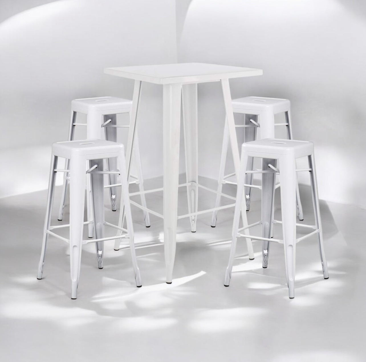 RVH Tolix Dry Bars & Stools 5-Piece Set - White x3 Sets Available Rockhampton Vintage Hire Weddings Rockhampton Bar Hire