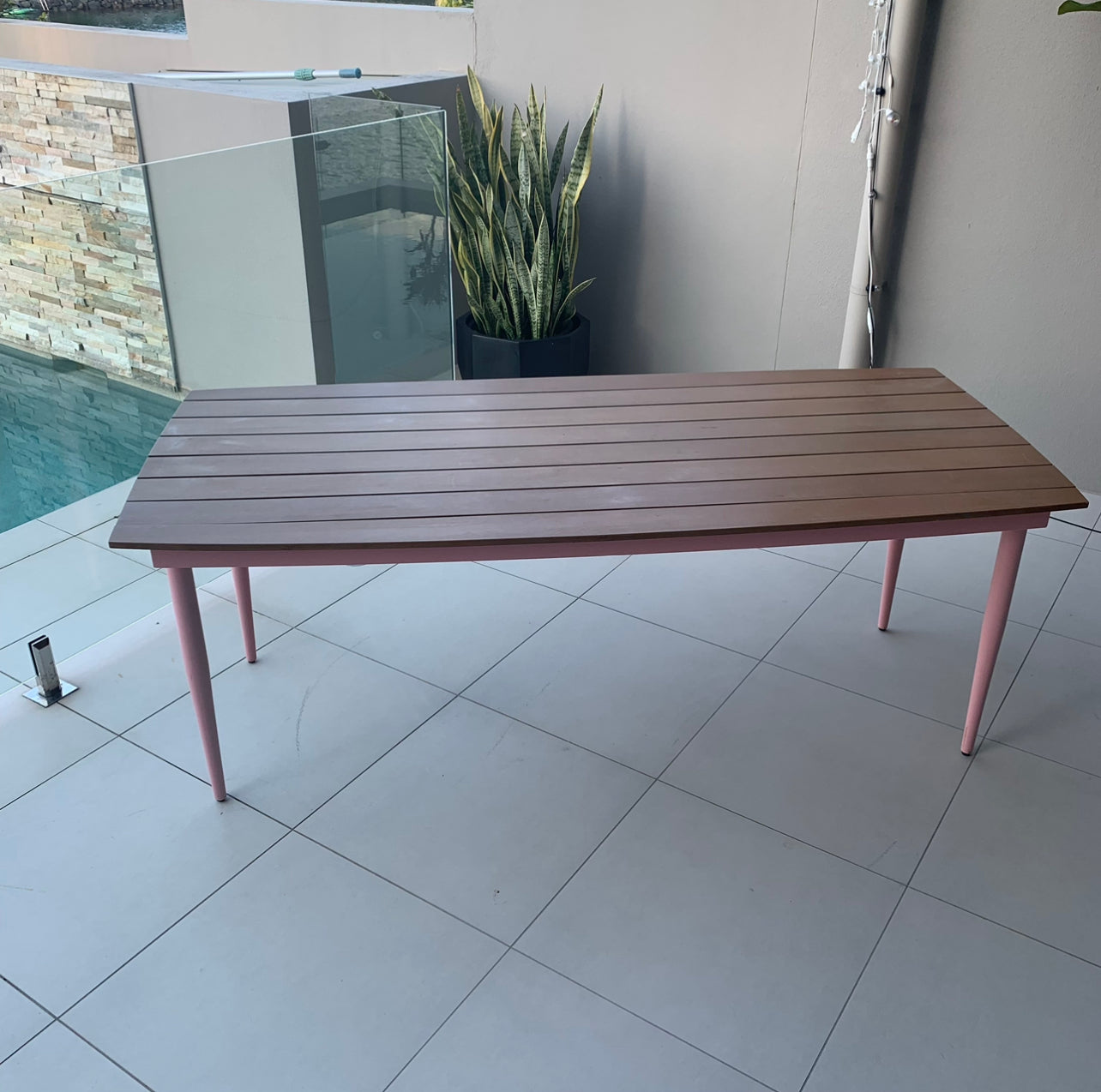 Table - Timber Slat Top & Pink Frame - Flat Packed Rockhampton Vintage Hire