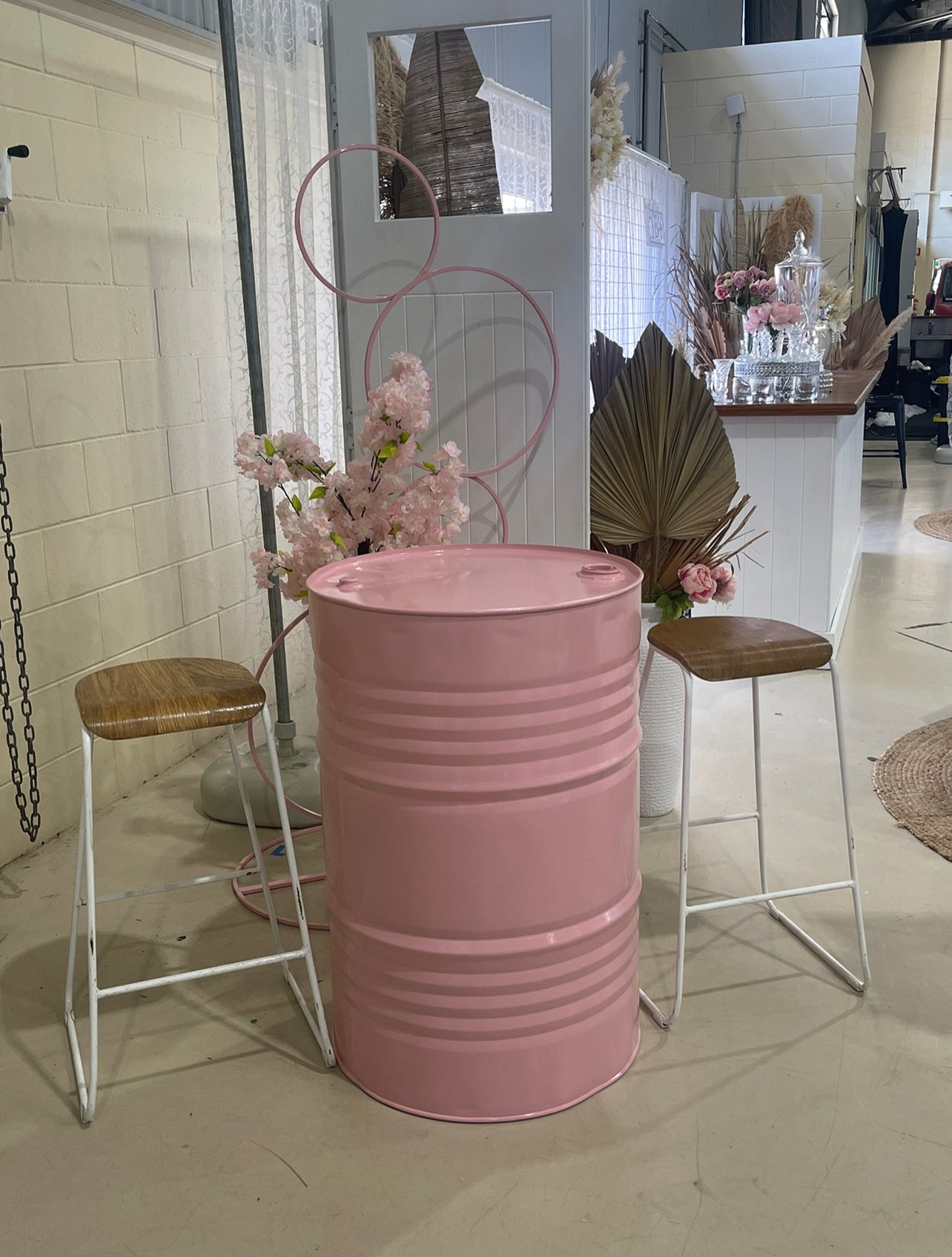 RVH Pink Gallon Drums hire Rockhampton Vintage Hire. Birthday Party Hire, Event Hire