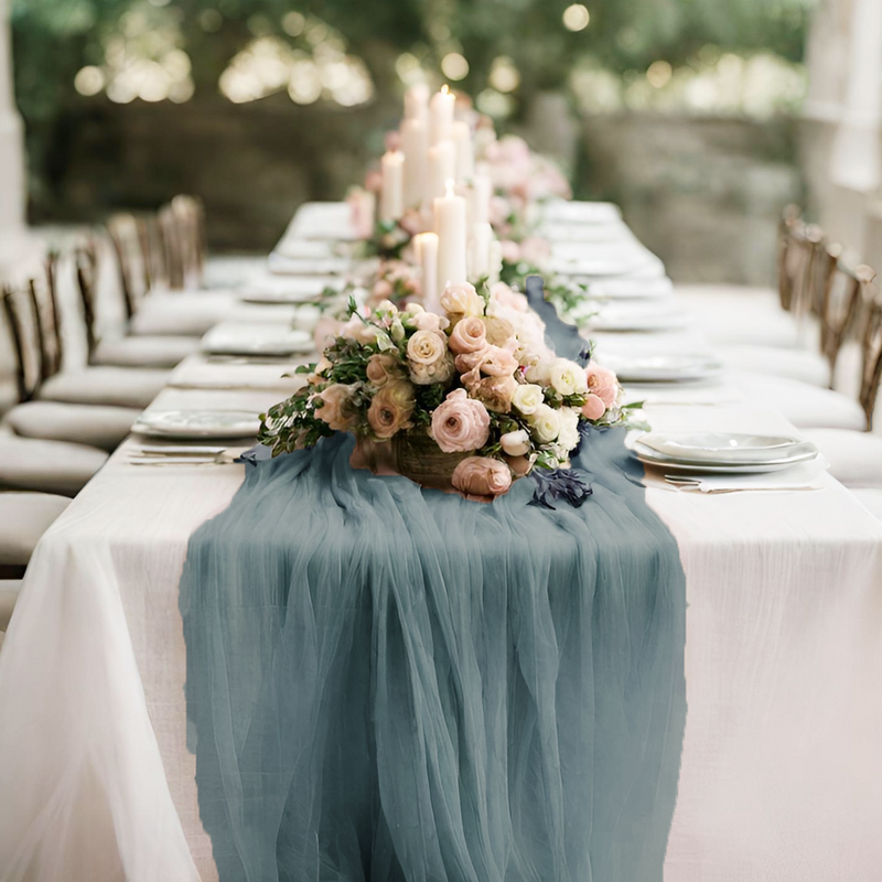 RVH Table Runner - Cheesecloth Dusty Blue Rockhampton Vintage Hire