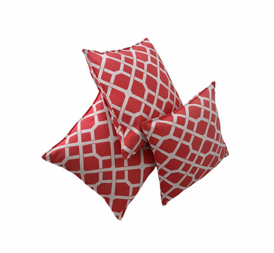 Standard Square Cushions - Red Geometric Prints x 3 Rockhampton Vintage Hire