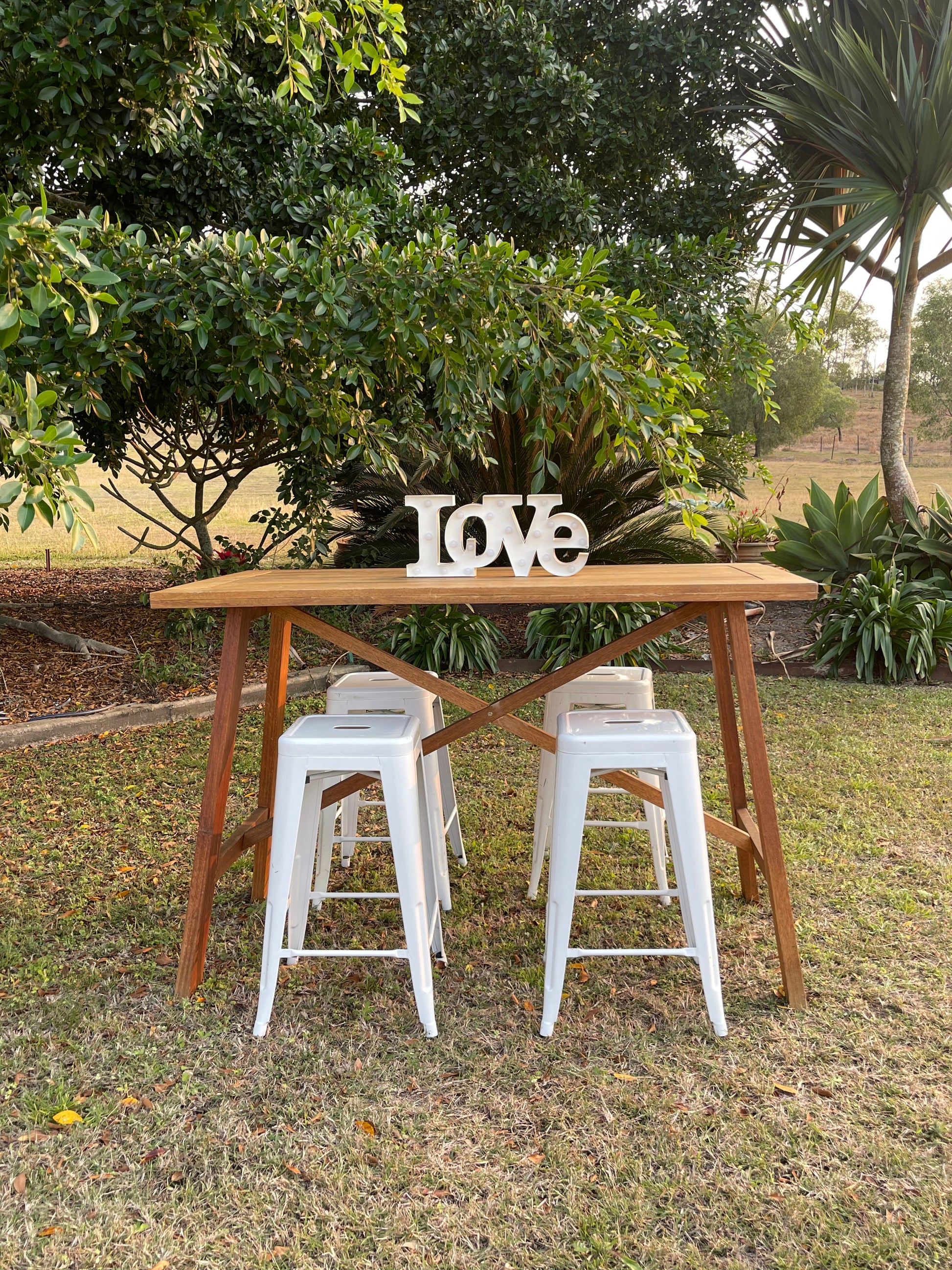 RVH High Bar Long Table - Timber Cross Rockhampton Vintage Hire