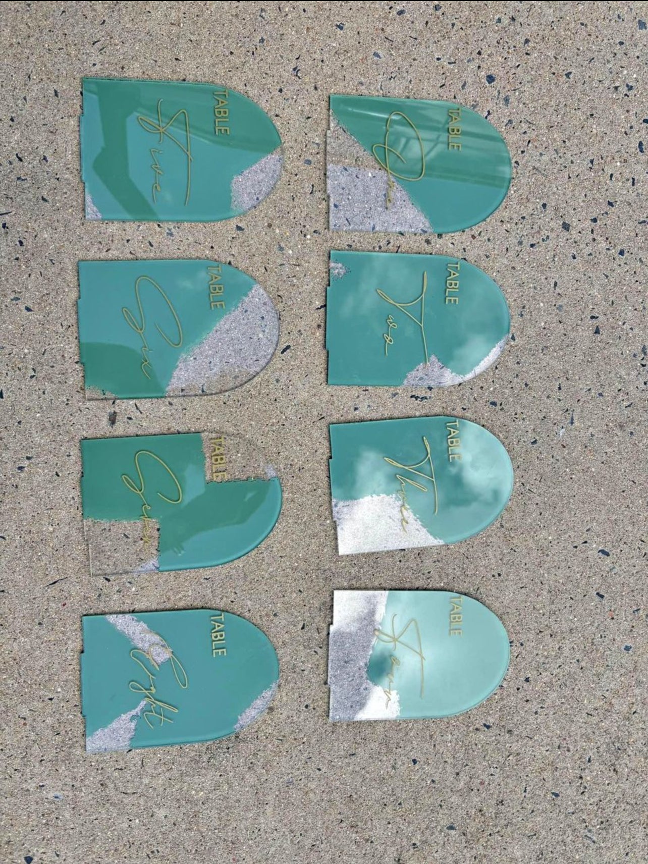 RVH Acrylic &amp; Sage table numbers 1-8. Rockhampton Vintage Hire 