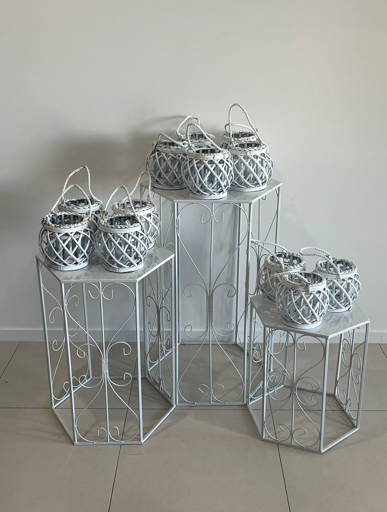 White Cane Hanging Lanterns x12 Bundle - Optional Sheperd's Hook Rockhampton Vintage Hire