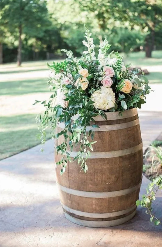 Wine Barrel Floral Display Table Rockhampton Vintage Hire Weddings Rockhampton