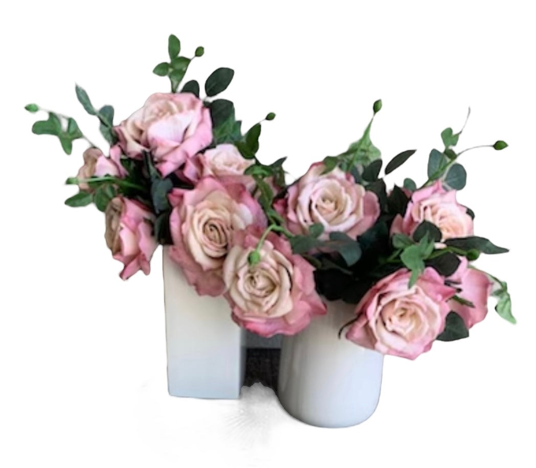 White Vases With Pink Roses Rockhampton Vintage Hire