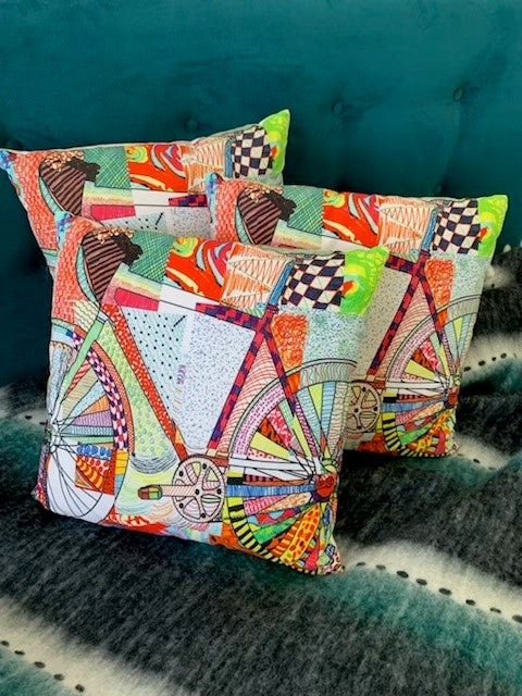 Standard Square Cushions - Bike Print x 3 Rockhampton Vintage Hire