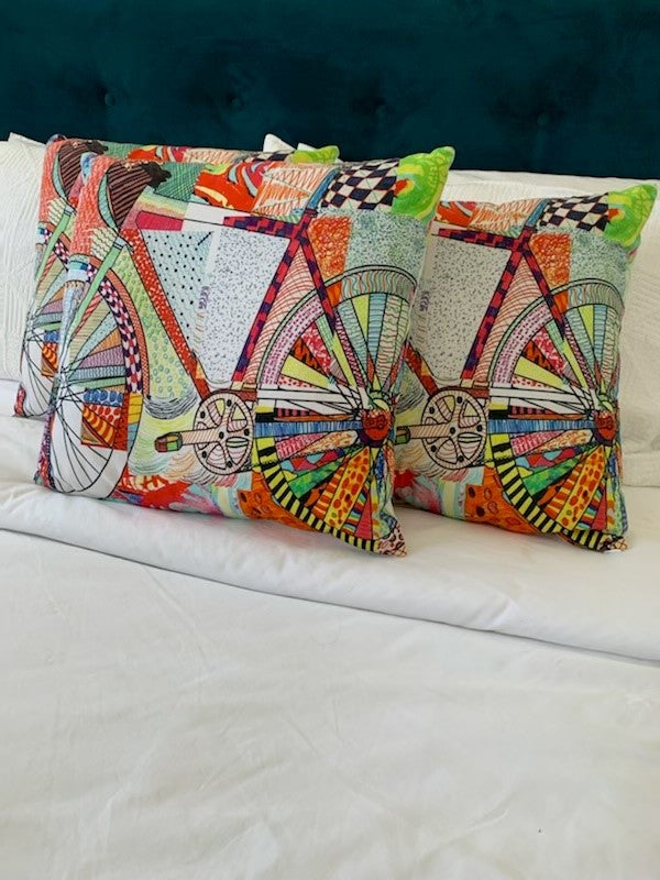 Standard Square Cushions - Bike Print x 3 Rockhampton Vintage Hire