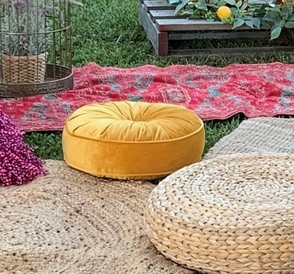 Round Floor Cushions - Gold Velvet Rockhampton Vintage Hire