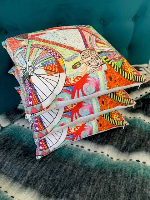 Standard Square Cushions - Bike Print x 3 Rockhampton Vintage Hire