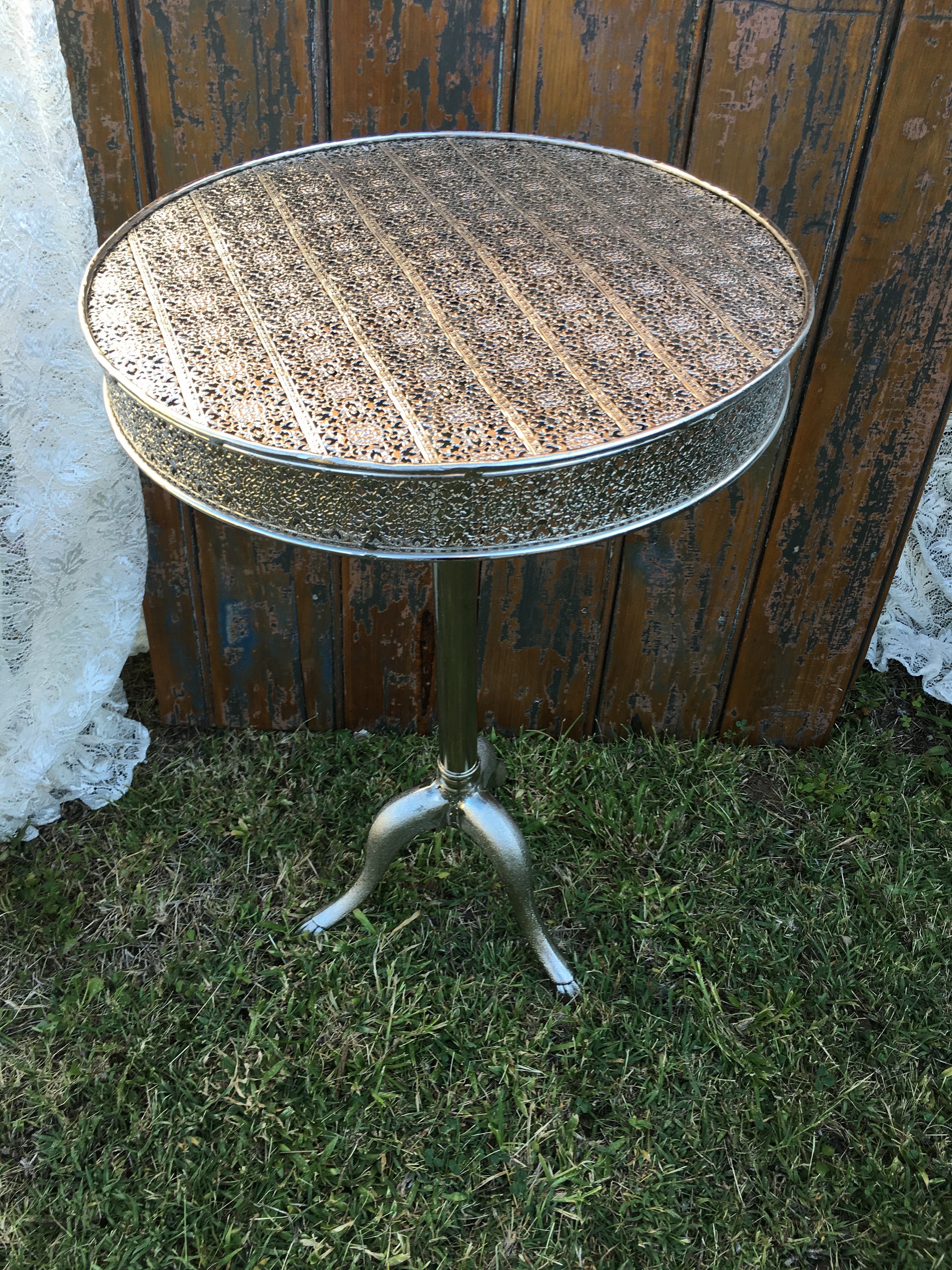 Occasional Table - Silver Pressed Metal Pedestal Table - Silver Pressed Metal Low Rise x 2