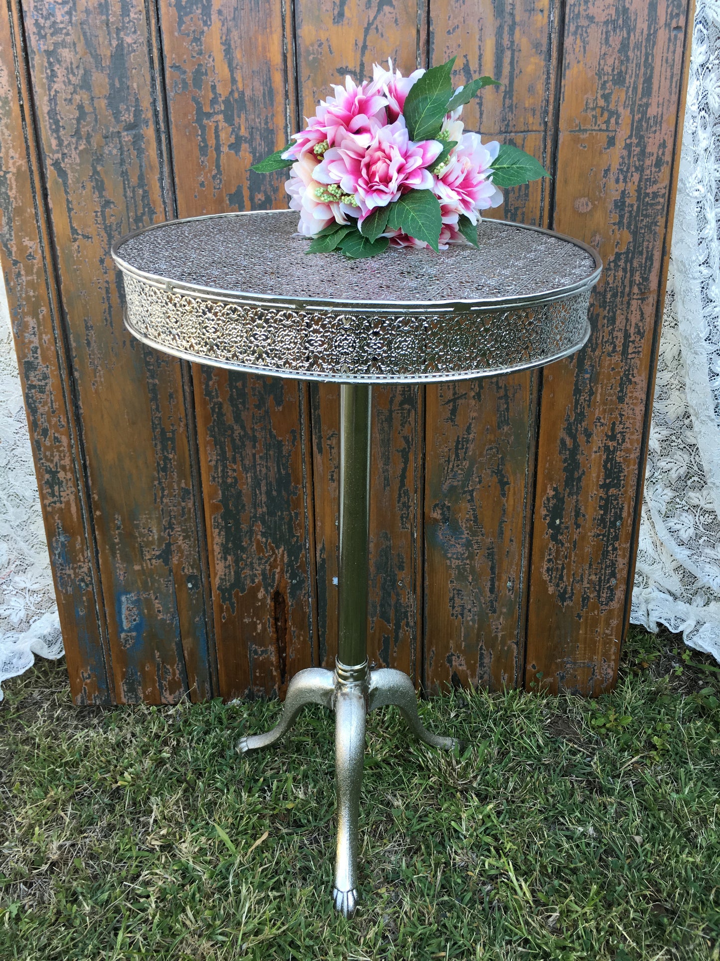 Occasional Table - Silver Pressed Metal Pedestal Table - Silver Pressed Metal Low Rise x 2