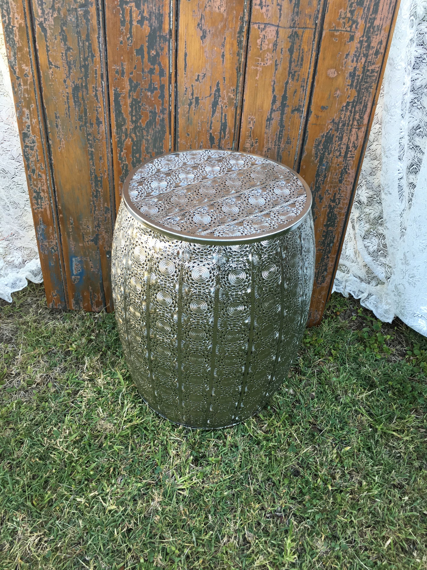 Table - Silver Pressed Metal Drum x 2 Rockhampton Vintage Hire