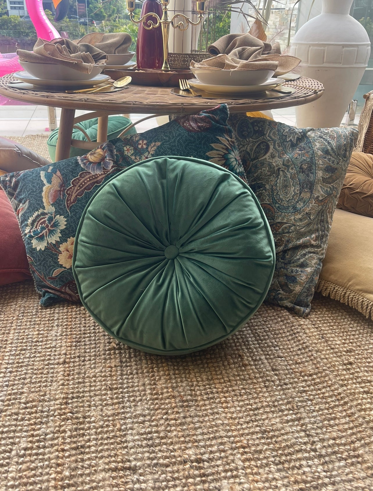 Round Floor Cushions - Green Velvet Rockhampton Vintage Hire