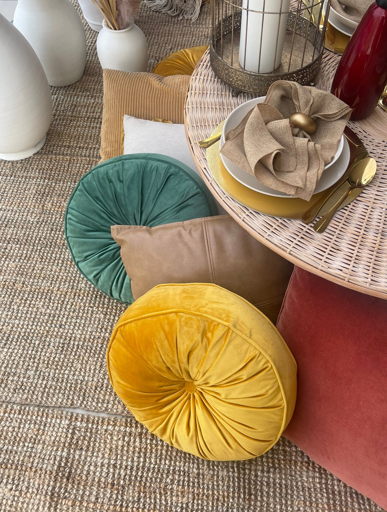 Round Floor Cushions - Gold Velvet Rockhampton Vintage Hire