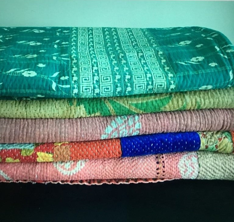 Kantha Throw Rug - Green & Gold