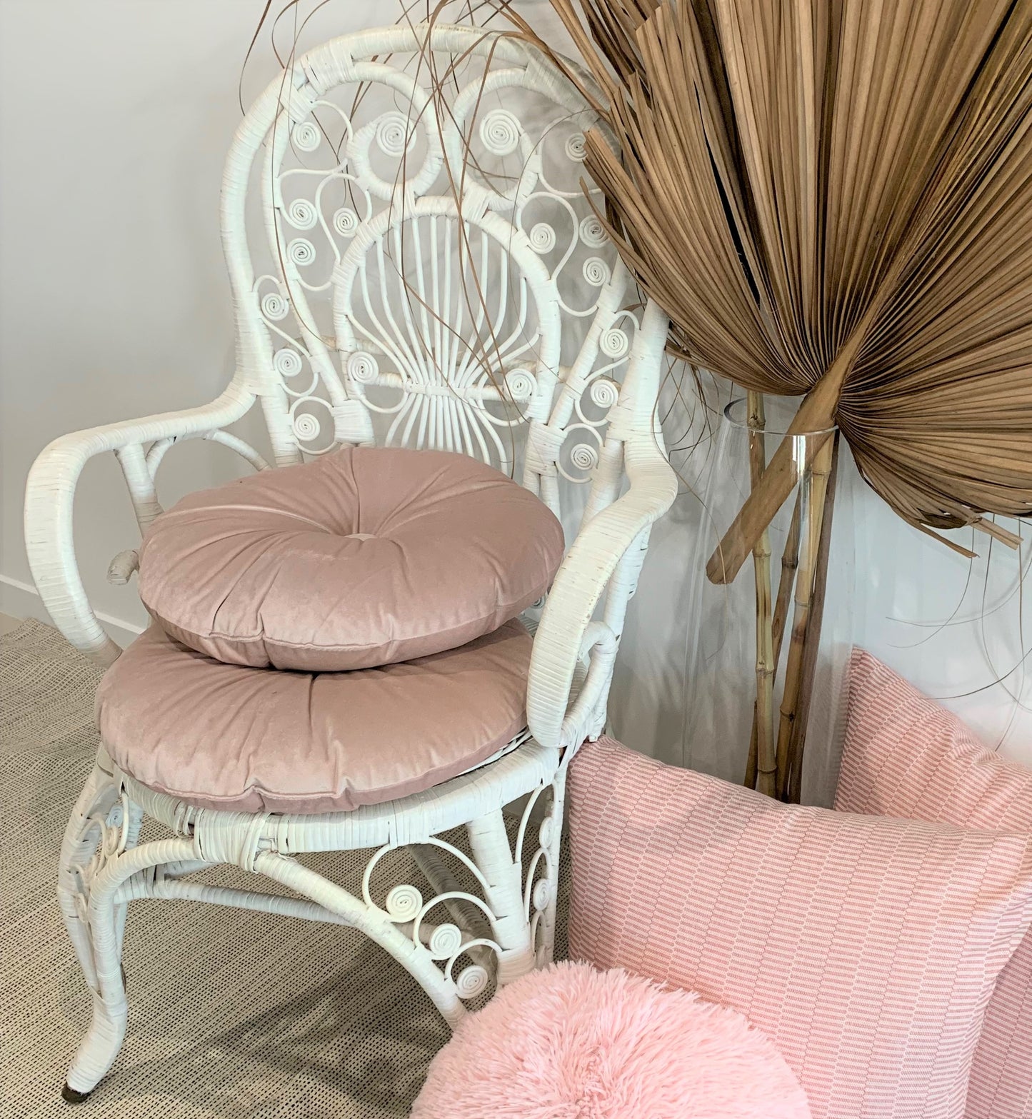 Round Cushions - Light Pink Velvet Rockhampton Vintage Hire